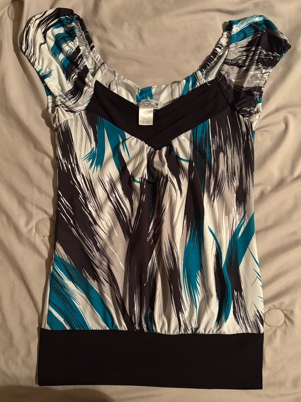 Trixxi Teal, Black & White Abstract Print Tunic Y2K